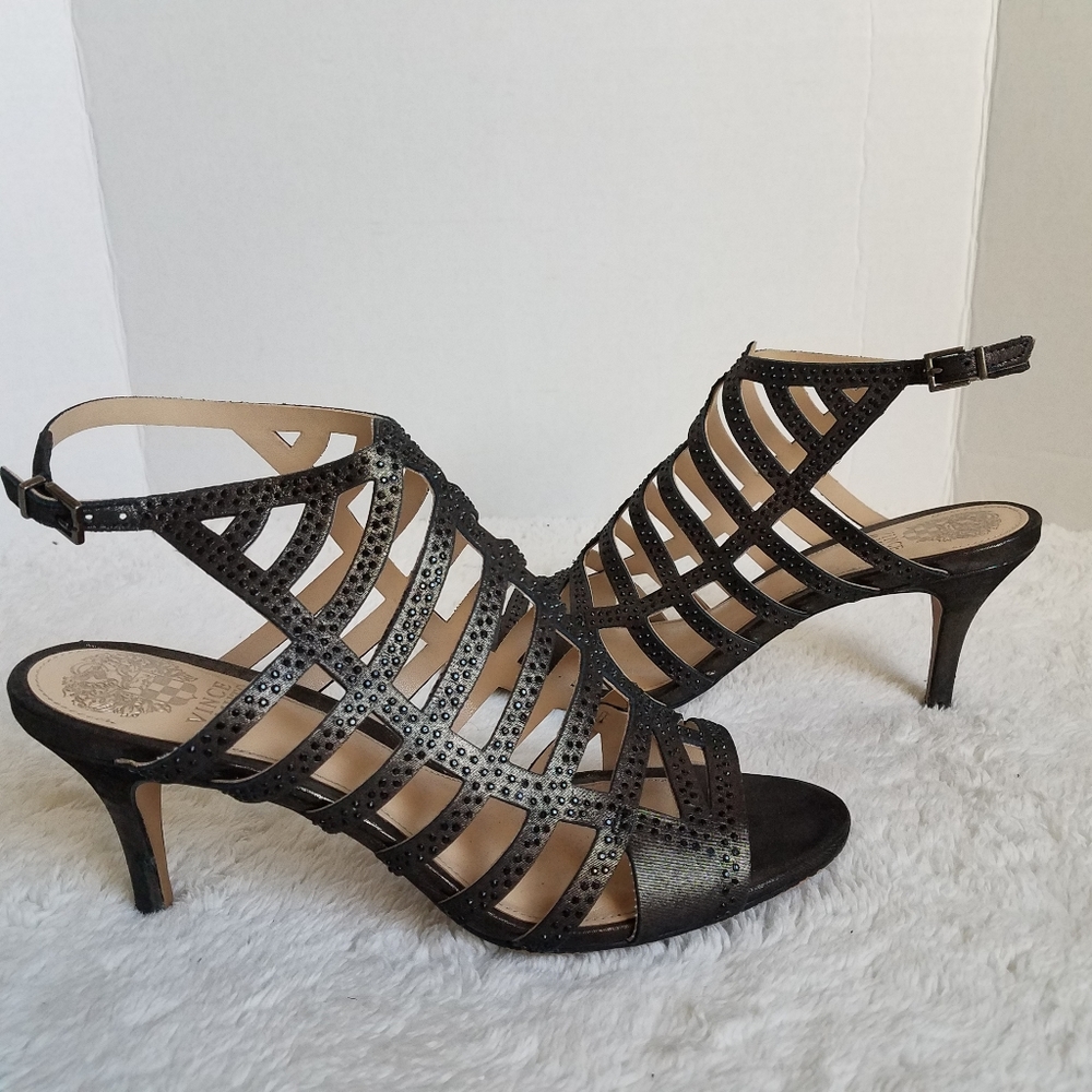 Vince Camuto Patinka Strappy Cage Heel Sandal Titanium Embellished Size 8.5